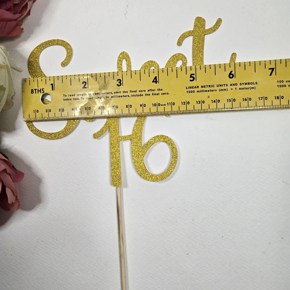 Gold Sweet 16 Cake Topper. 16th Birthday Cake Topper. Cake Party Decoration.